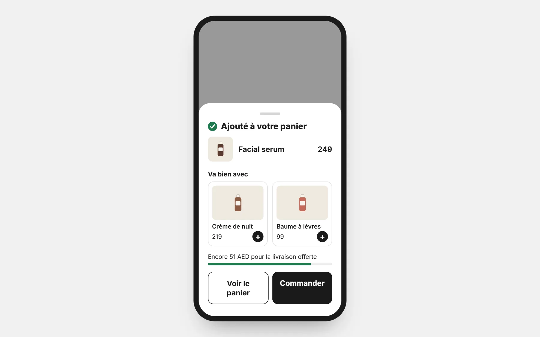 Pop-up d’ajout au panier: le pop-up après ajout au panier sur téléphone