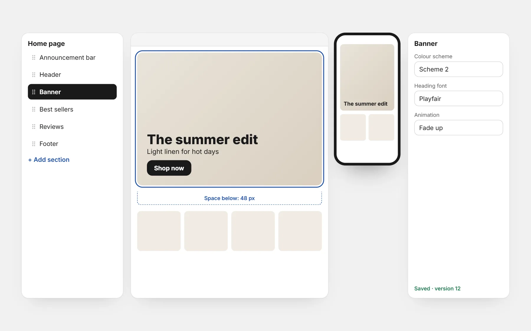 the store editor with the section list, the live preview on computer and phone, and the settings