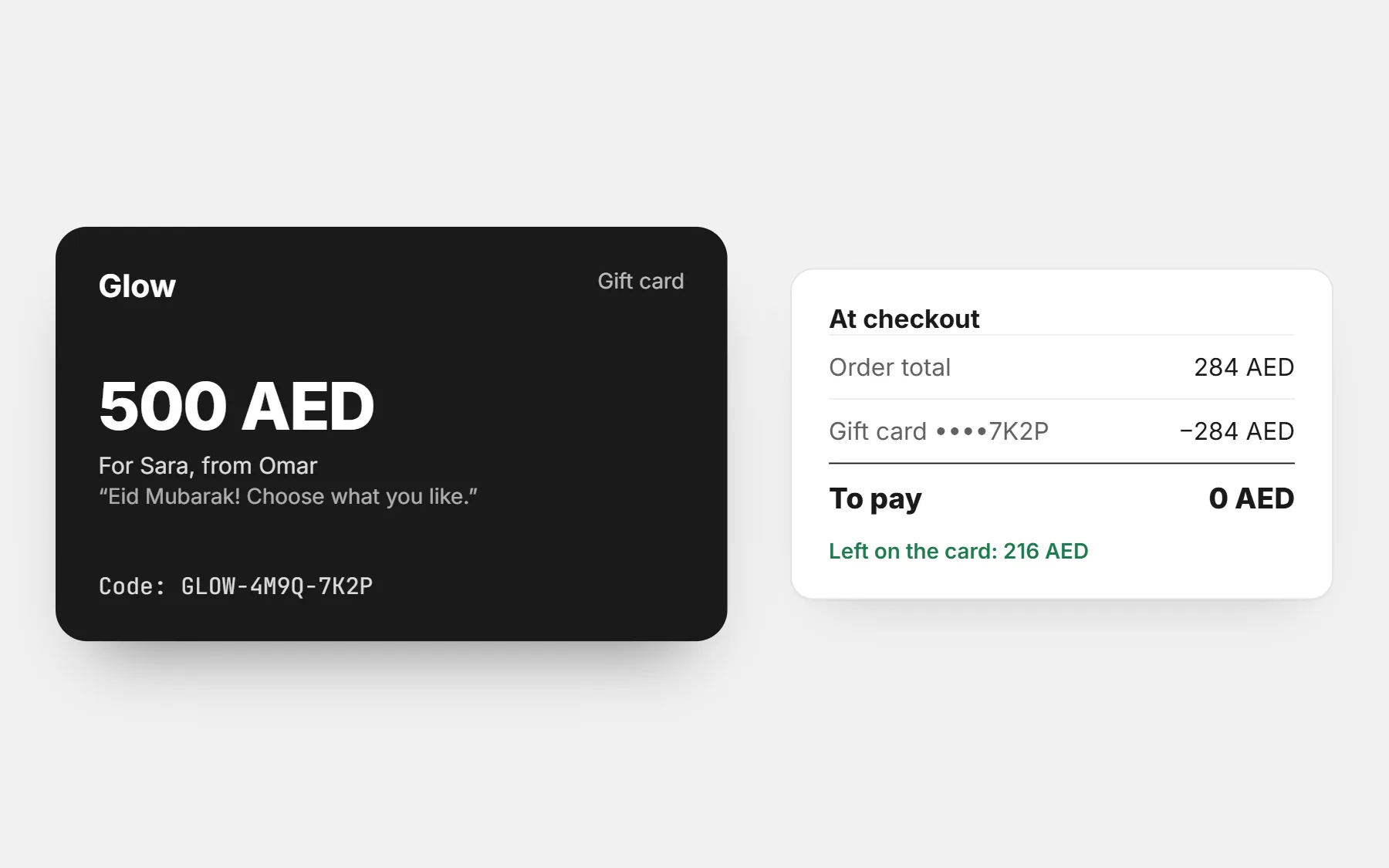 Gift Cards: a gift card received, and paying with it at checkout