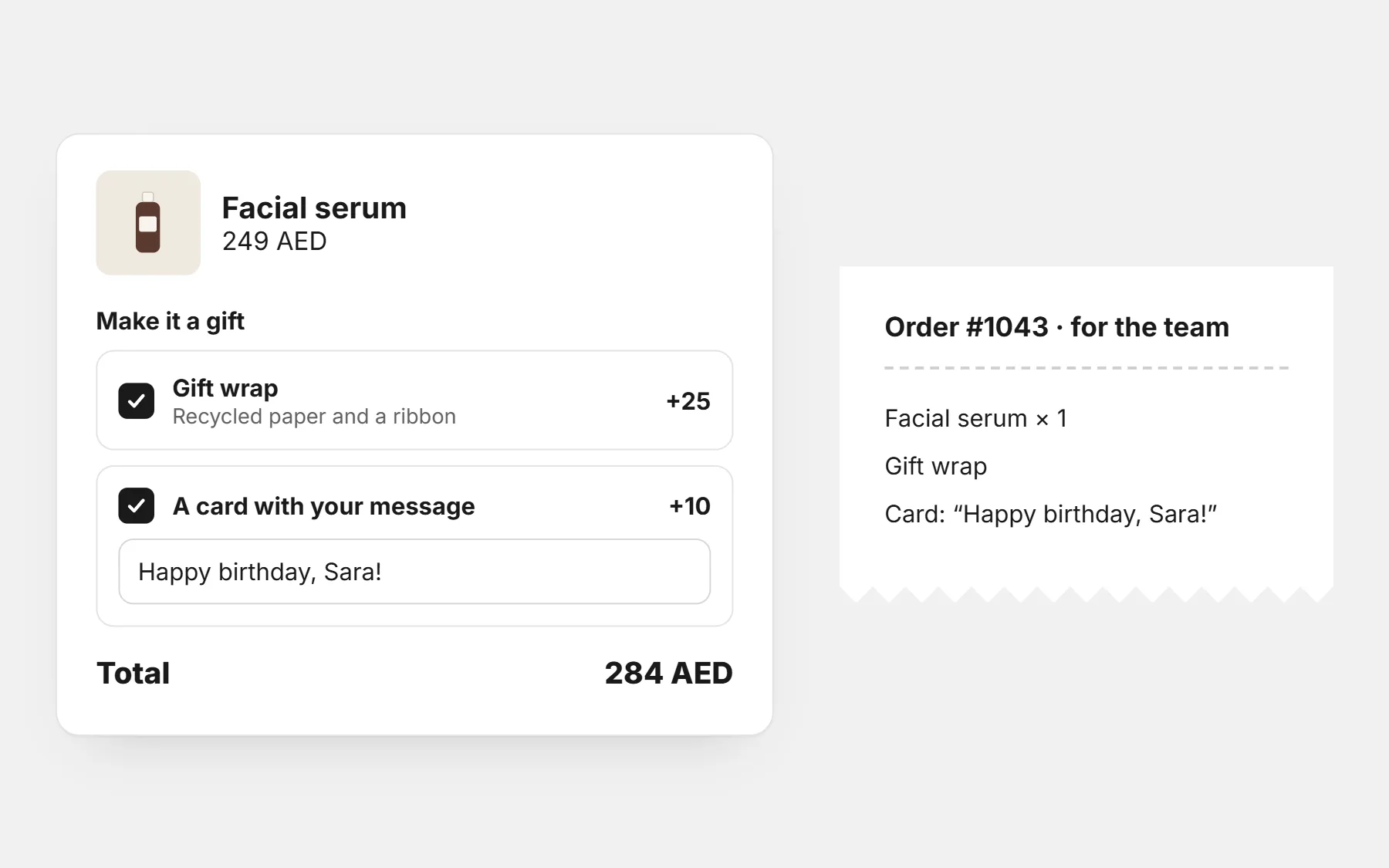 Product Add-ons: gift wrap and a card message chosen on the product page, and the order the team receives