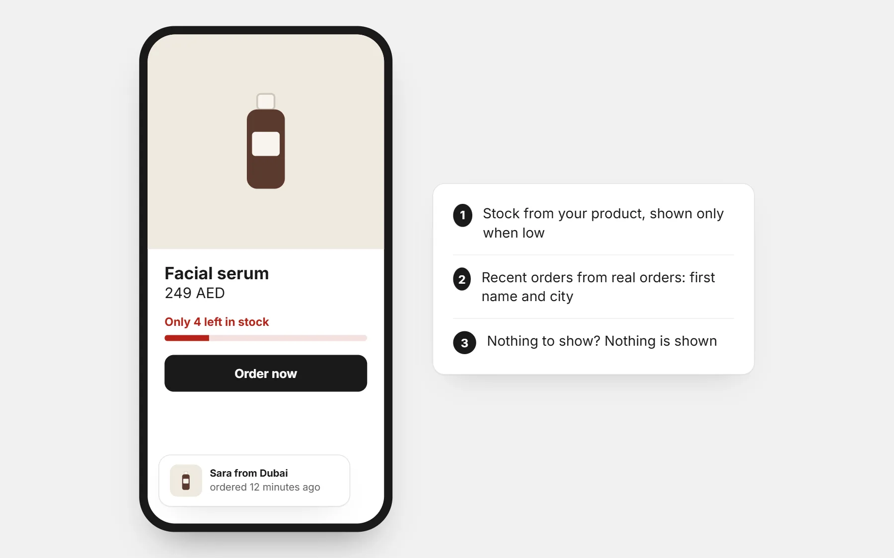 Urgency: low stock and a recent order on a product page