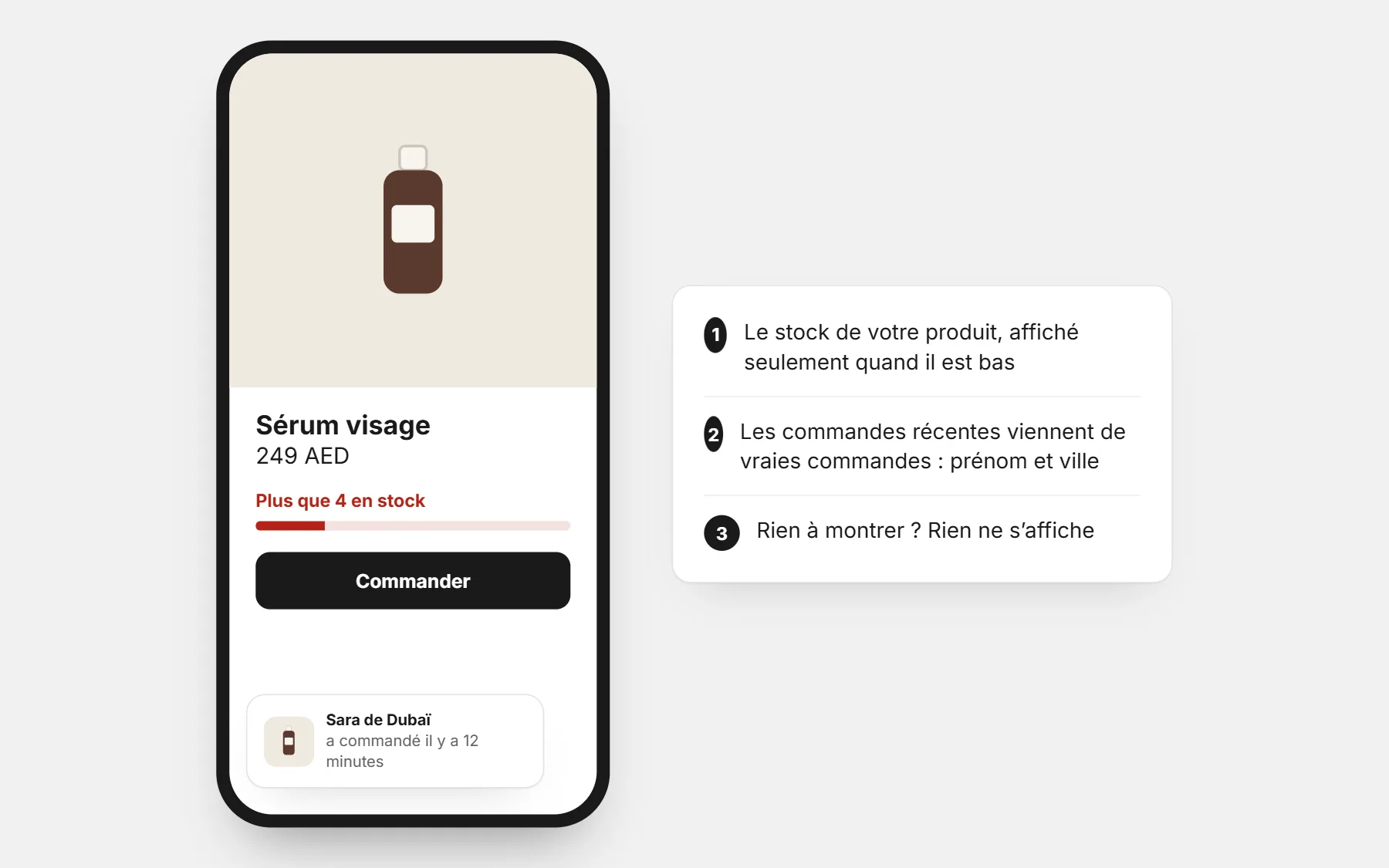 Urgence: stock bas et commande récente sur une page produit