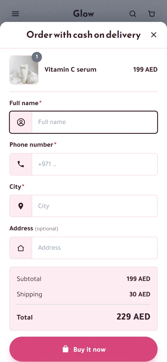 Quick Order Form: the order form opened from a product page (on a phone)