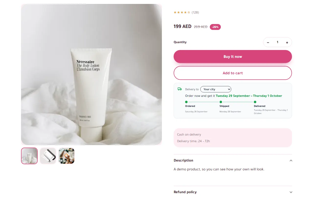 Delivery Date Estimator: the arrival date and the countdown on the product page (on a computer)