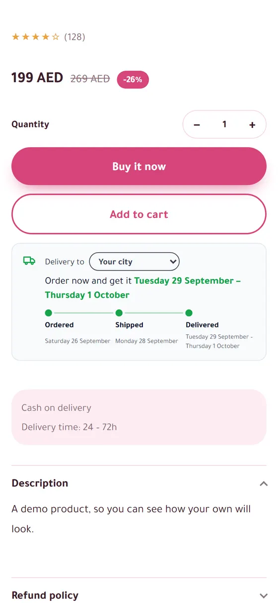 Delivery Date Estimator: the arrival date and the countdown on the product page (on a phone)