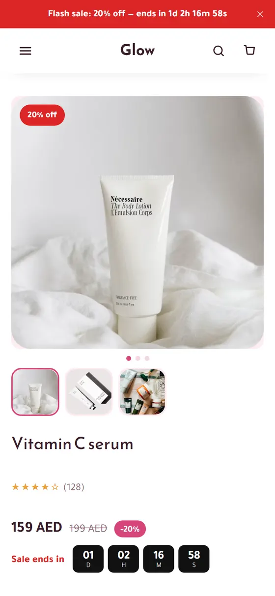 Flash Sales: the countdown banner, the timer and the sale badge (on a phone)
