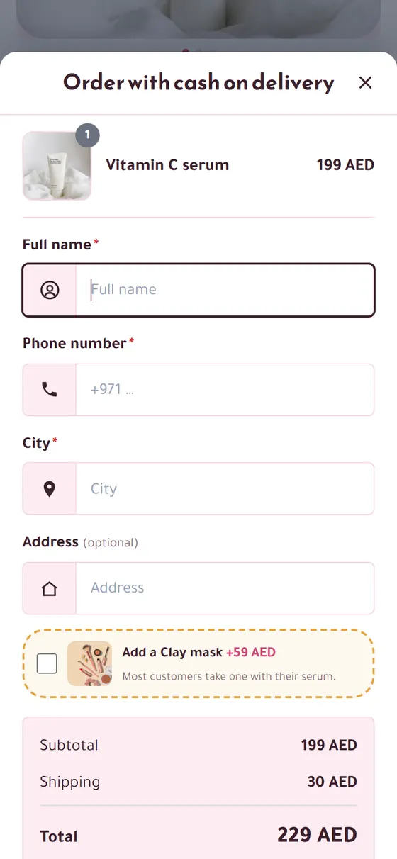 Order Bump: a small extra ticked inside the order form (on a phone)