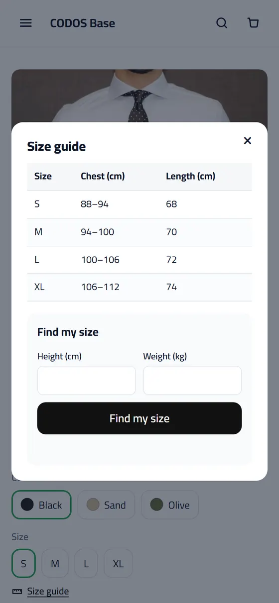 Size Chart & Advisor: the size guide and its advisor (on a phone)