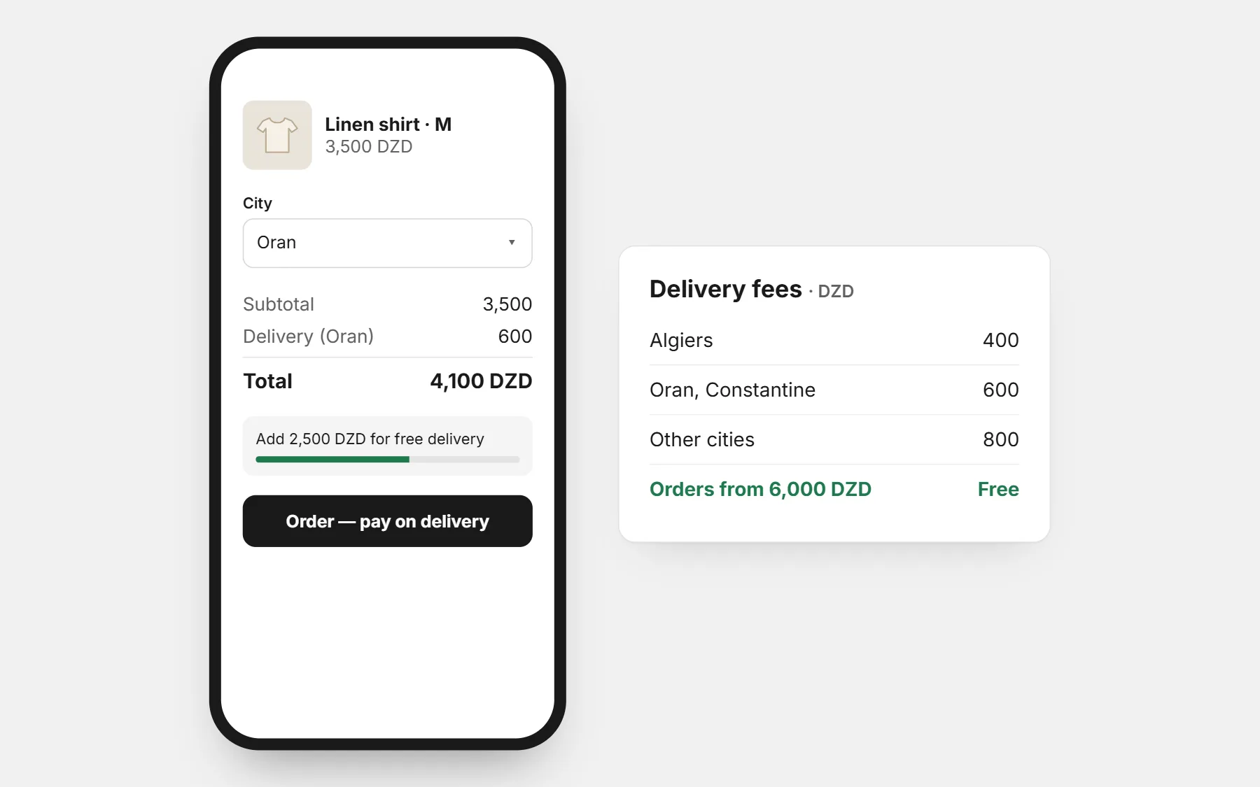 A store in Algeria: prices in DZD, a delivery fee for each city and free delivery above an amount (example prices).