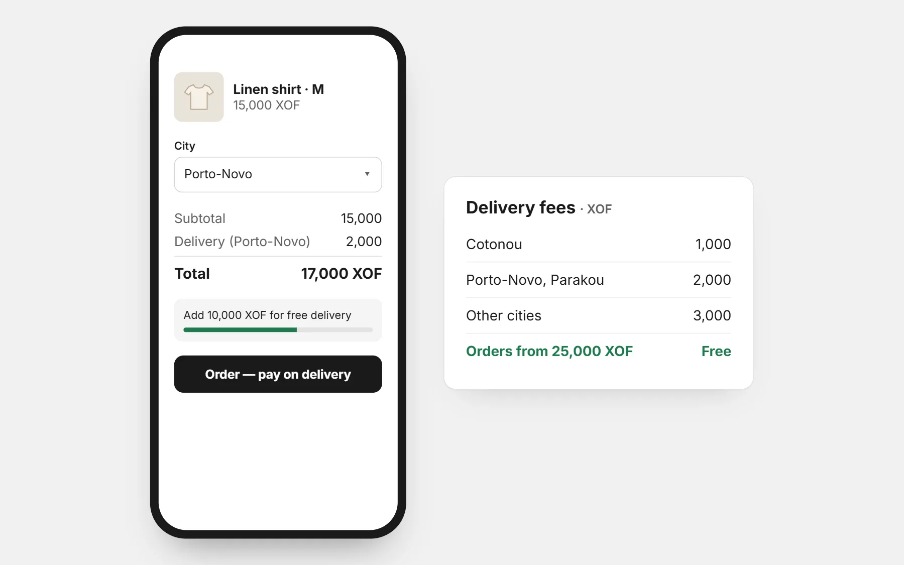 A store in Benin: prices in XOF, a delivery fee for each city and free delivery above an amount (example prices).