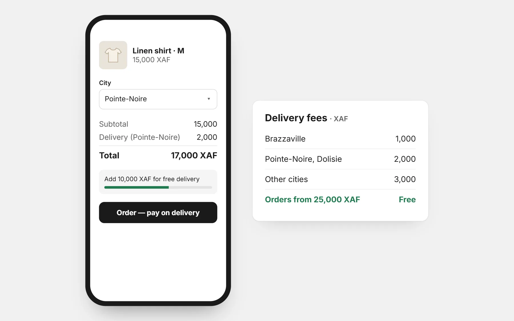 A store in Congo: prices in XAF, a delivery fee for each city and free delivery above an amount (example prices).