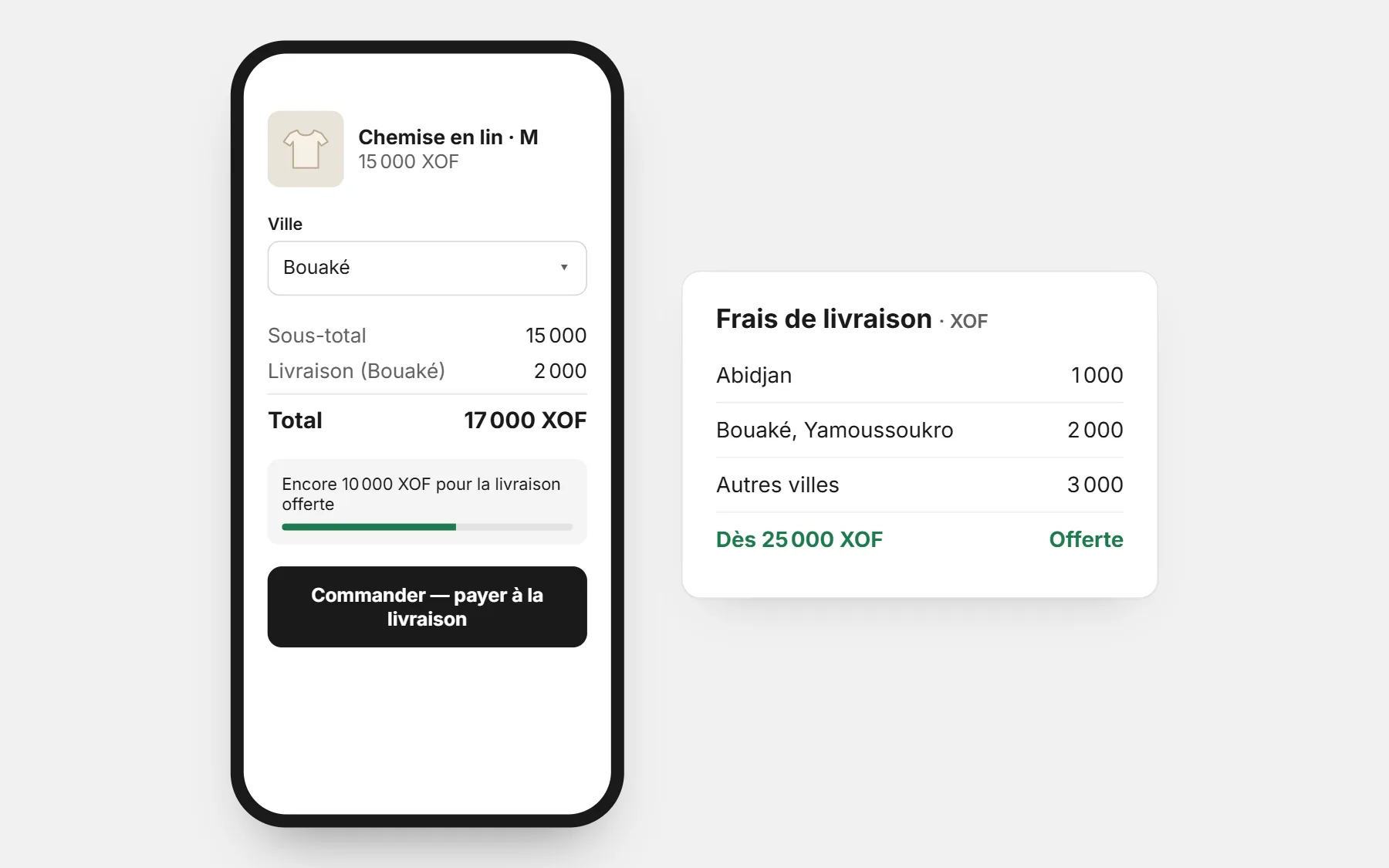 Une boutique en Côte d’Ivoire : prix en XOF, des frais par ville et la livraison offerte dès un montant (prix d’exemple).