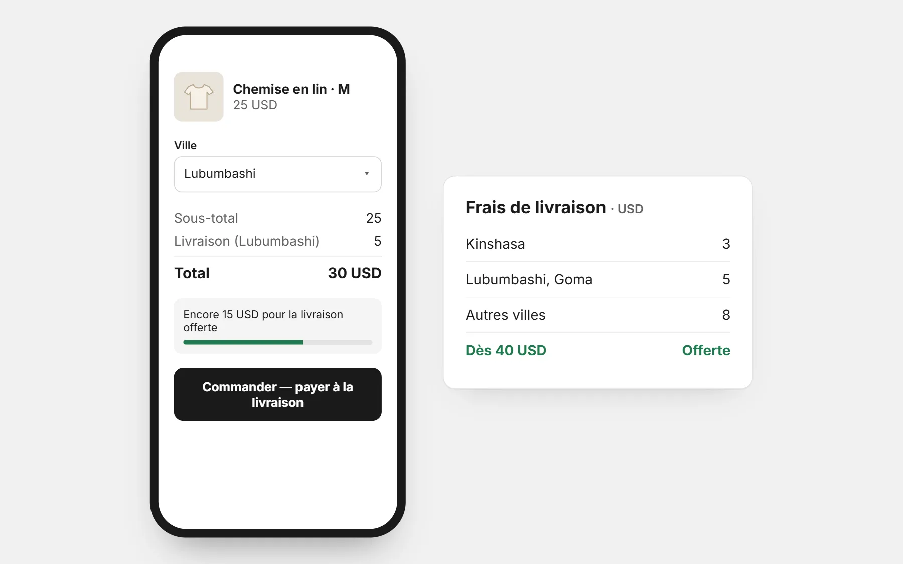Une boutique en RD Congo : prix en USD, des frais par ville et la livraison offerte dès un montant (prix d’exemple).