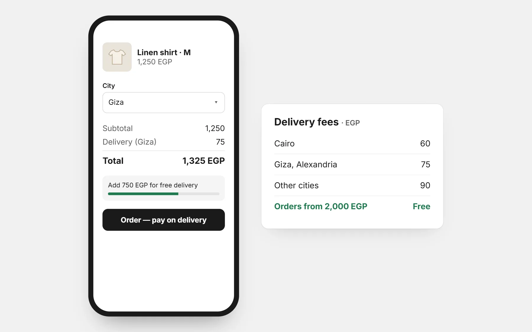 A store in Egypt: prices in EGP, a delivery fee for each city and free delivery above an amount (example prices).