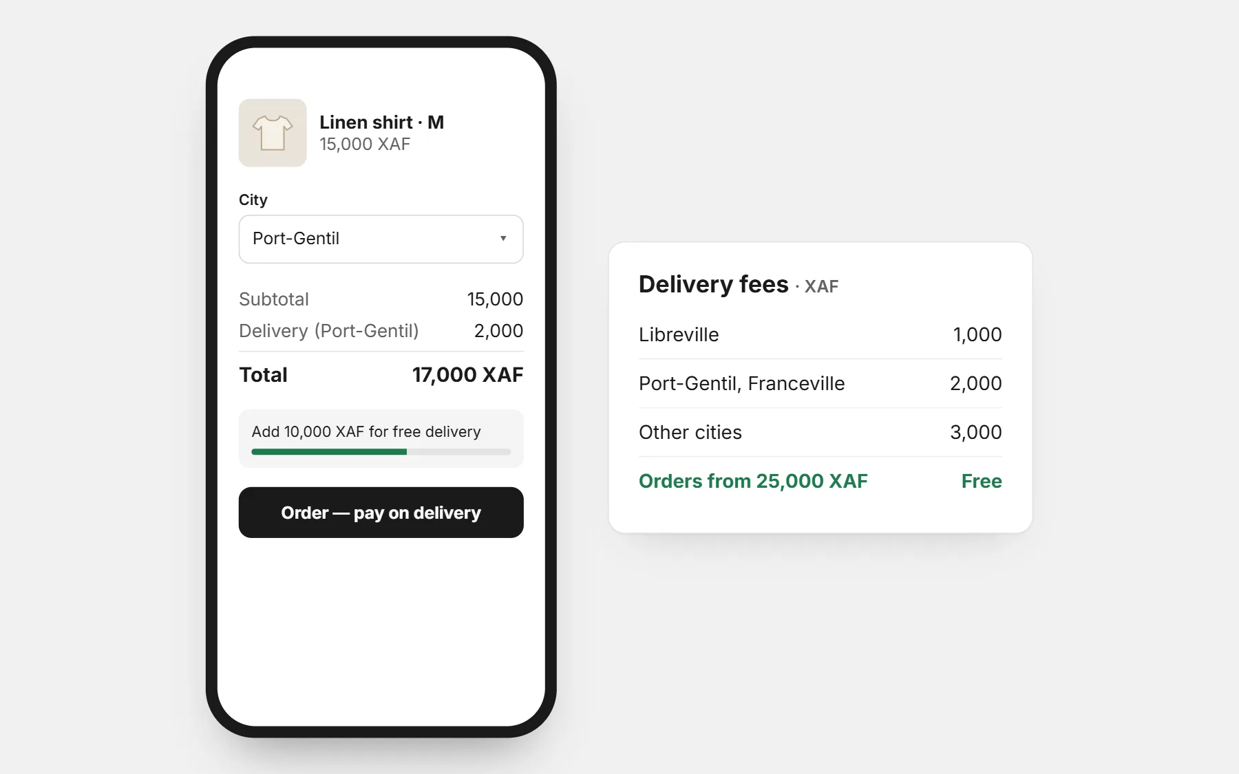 A store in Gabon: prices in XAF, a delivery fee for each city and free delivery above an amount (example prices).