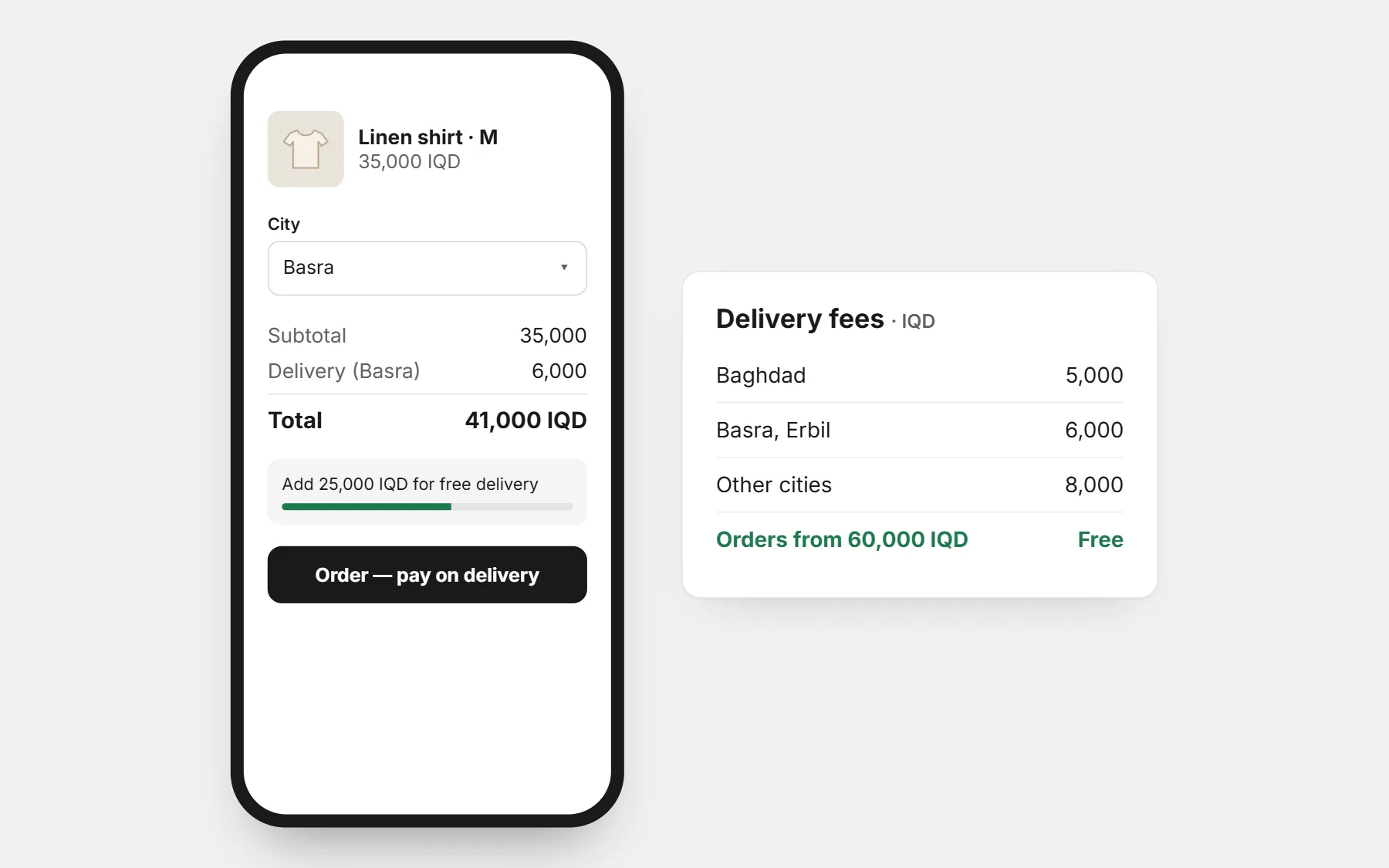 A store in Iraq: prices in IQD, a delivery fee for each city and free delivery above an amount (example prices).