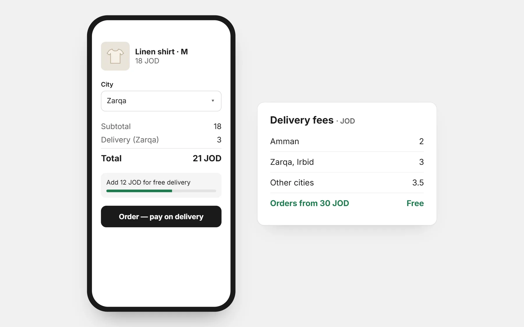 A store in Jordan: prices in JOD, a delivery fee for each city and free delivery above an amount (example prices).
