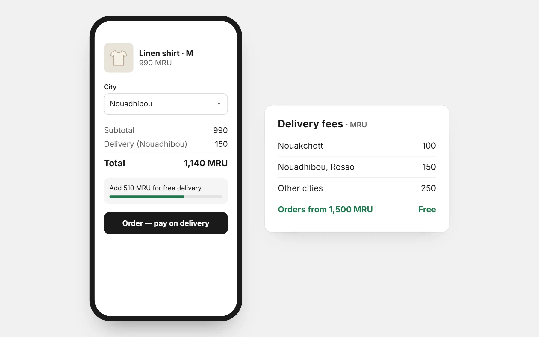 A store in Mauritania: prices in MRU, a delivery fee for each city and free delivery above an amount (example prices).