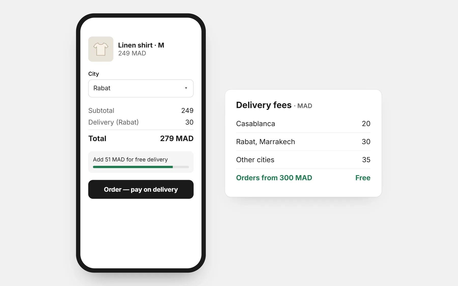 A store in Morocco: prices in MAD, a delivery fee for each city and free delivery above an amount (example prices).