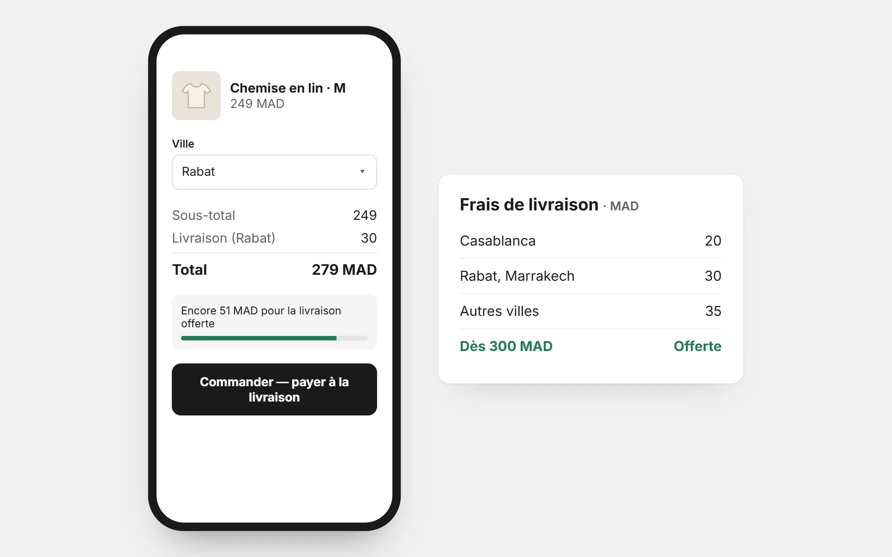 Une boutique au Maroc : prix en MAD, des frais par ville et la livraison offerte dès un montant (prix d’exemple).