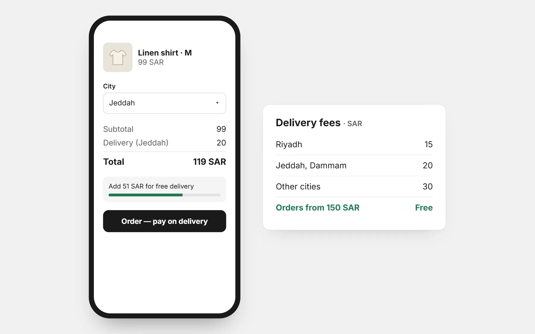 A store in Saudi Arabia: prices in SAR, a delivery fee for each city and free delivery above an amount (example prices).