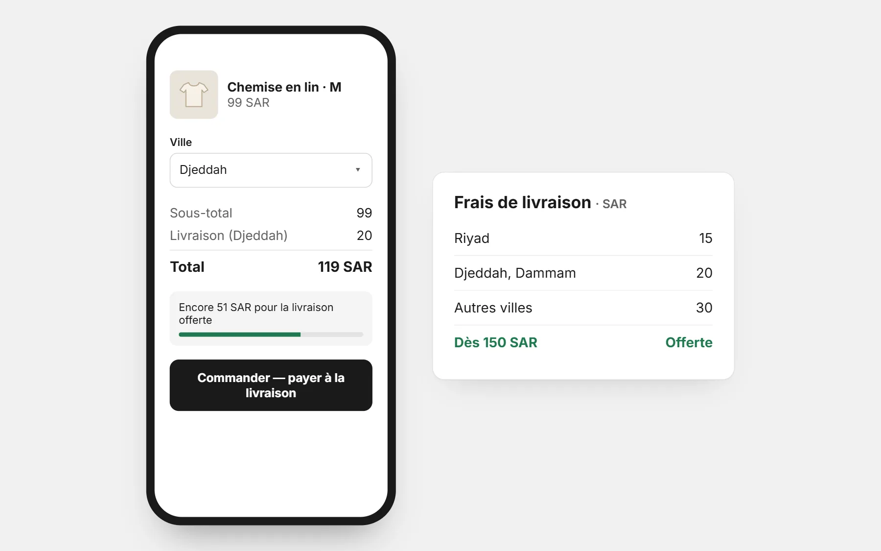 Une boutique en Arabie saoudite : prix en SAR, des frais par ville et la livraison offerte dès un montant (prix d’exemple).