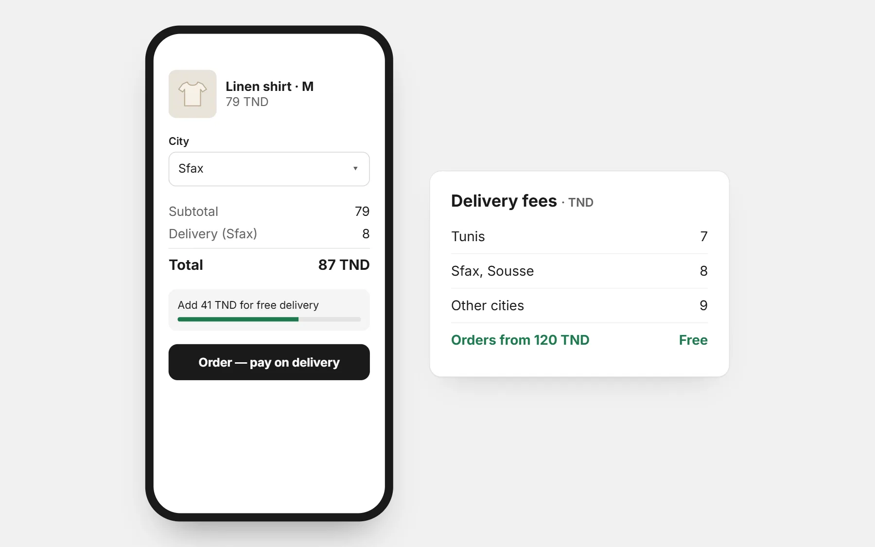 A store in Tunisia: prices in TND, a delivery fee for each city and free delivery above an amount (example prices).