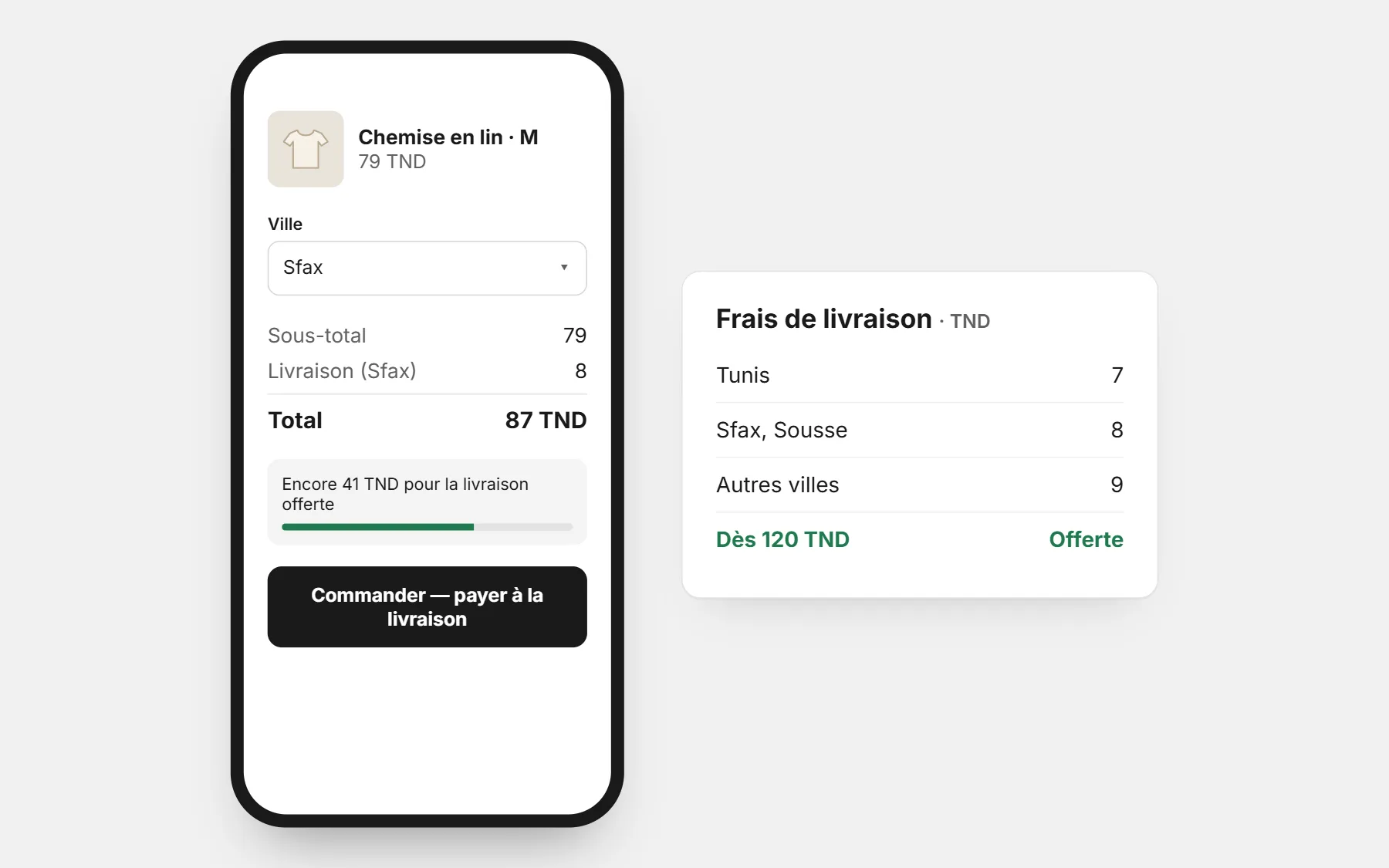 Une boutique en Tunisie : prix en TND, des frais par ville et la livraison offerte dès un montant (prix d’exemple).