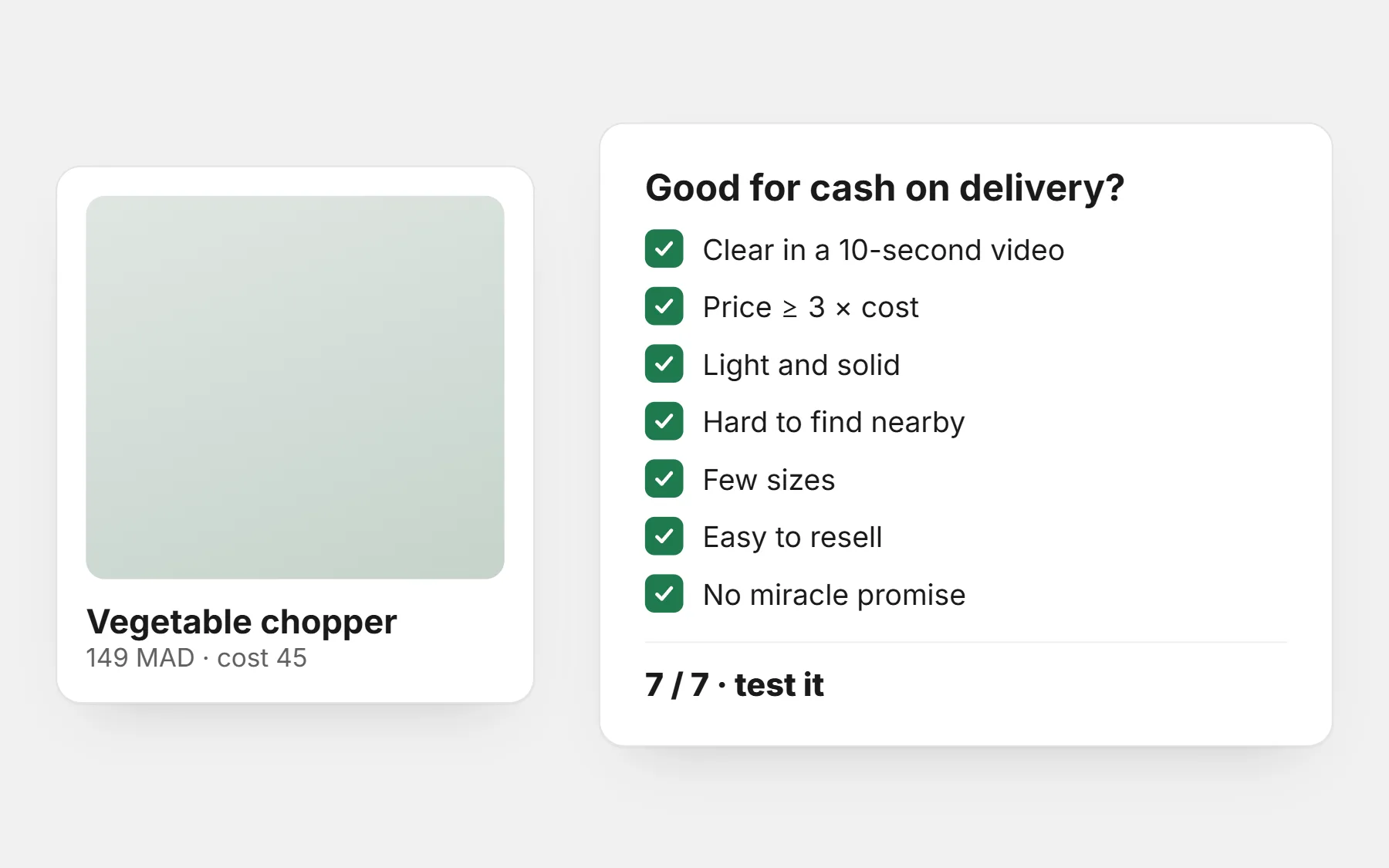 A vegetable chopper at 149 MAD with a cost of 45, scored against seven criteria for cash on delivery, all ticked: 7 out of 7, test it