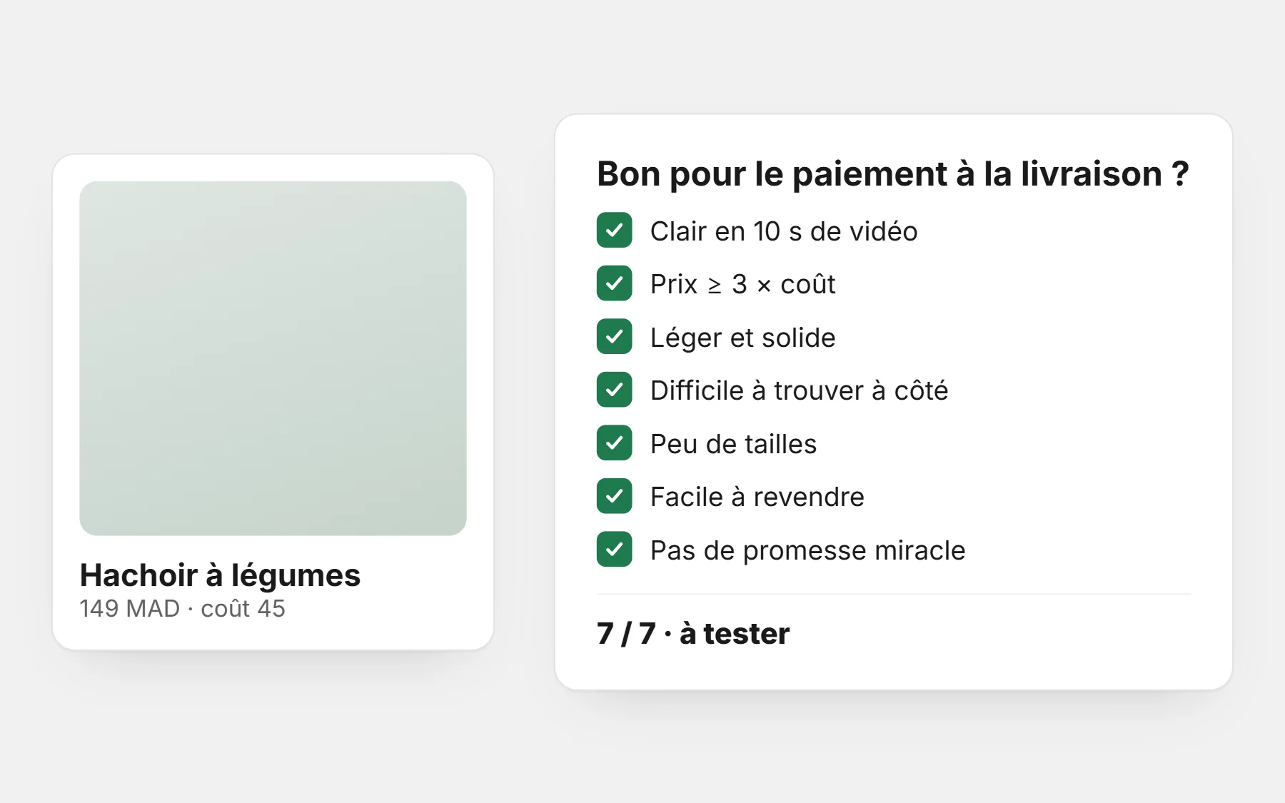Un hachoir à légumes à 149 MAD pour un coût de 45, noté sur sept critères pour le paiement à la livraison, tous cochés : 7 sur 7, à tester