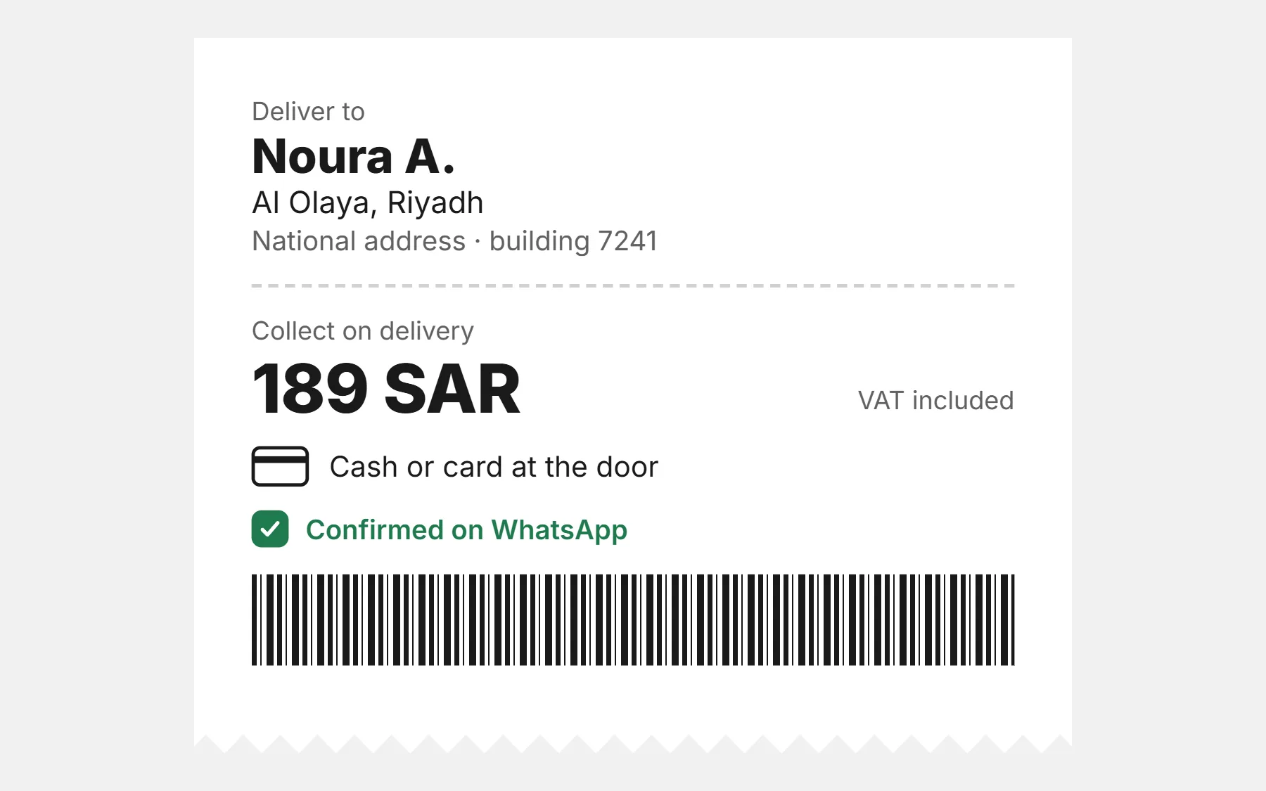 A courier slip for Riyadh with a National Address, 189 SAR to collect VAT included, cash or card at the door, confirmed on WhatsApp