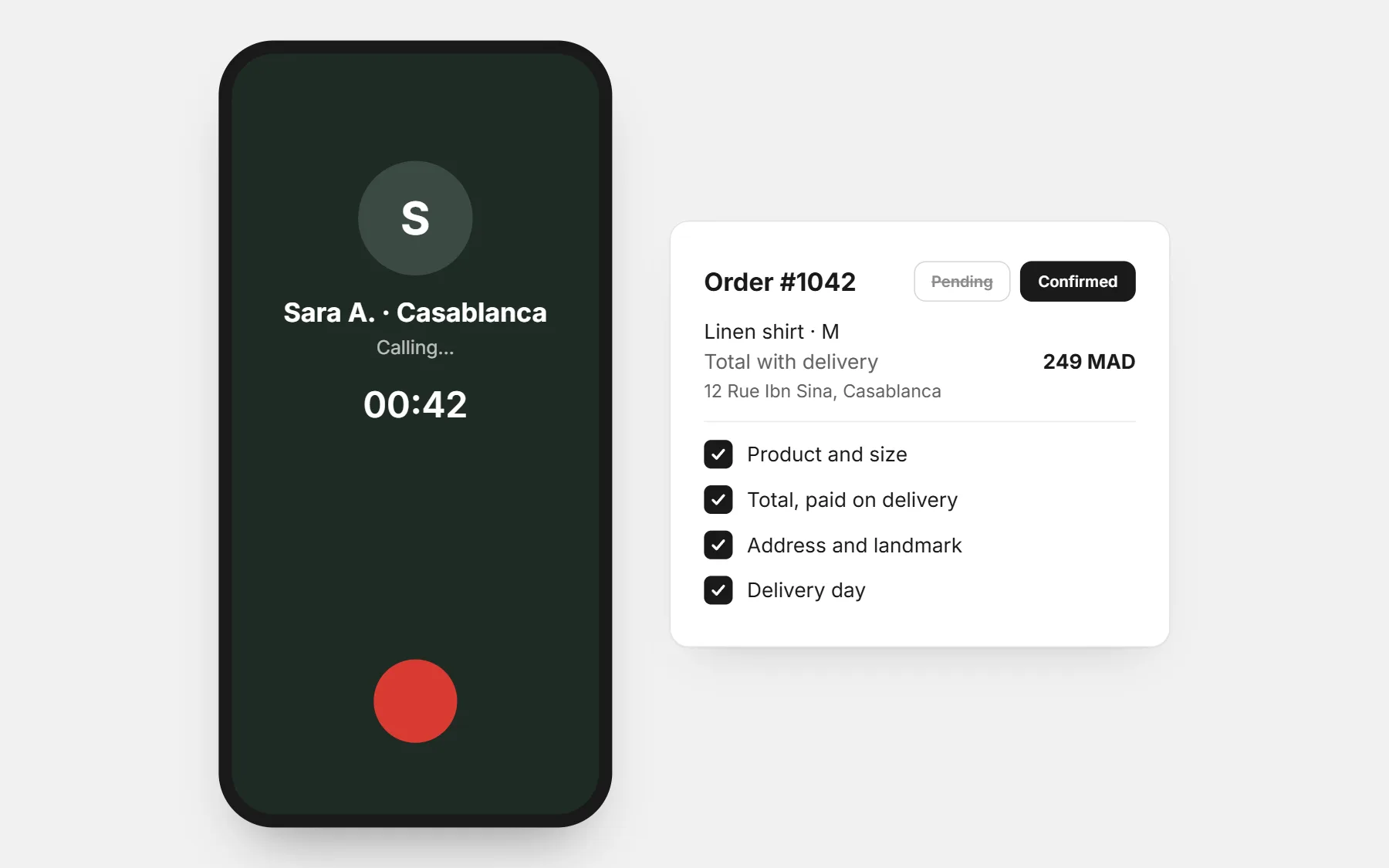 A confirmation call in progress next to the order card moving from Pending to Confirmed, with product, total, address and delivery day checked