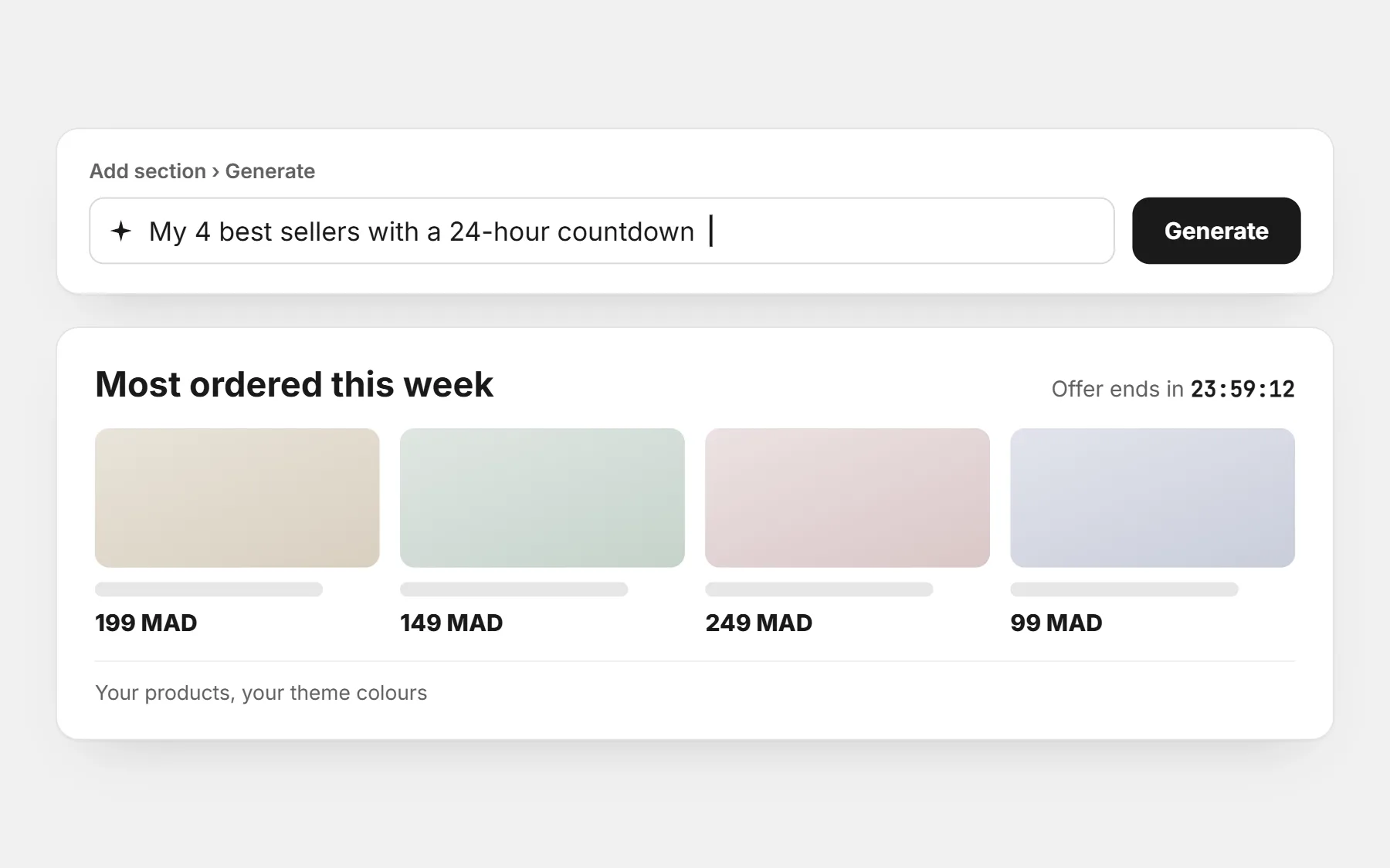 The Generate box in the store editor with the sentence “My 4 best sellers with a 24-hour countdown”, and the section it built: four products with prices and a countdown