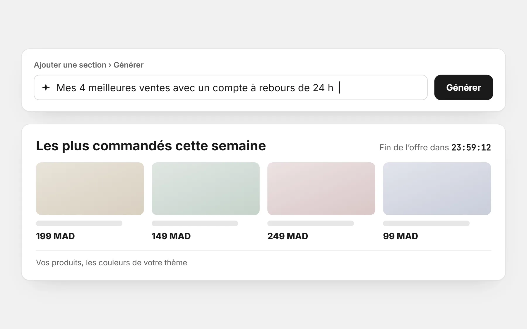 La zone Générer de l’éditeur avec la phrase « Mes 4 meilleures ventes avec un compte à rebours de 24 h », et la section créée : quatre produits avec prix et compte à rebours
