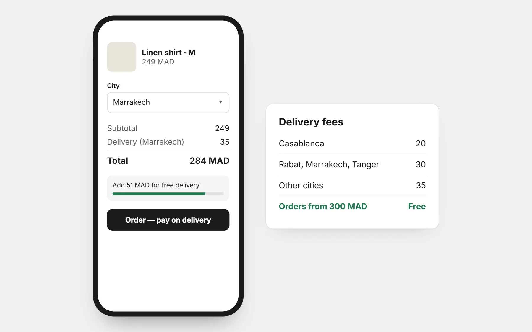 Order form on a phone showing the delivery fee for Marrakech and how much is left for free delivery, next to a table of delivery fees by city
