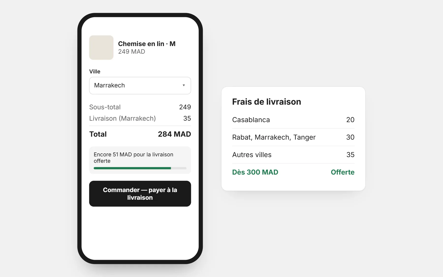 Formulaire de commande sur téléphone avec les frais de livraison pour Marrakech et le montant restant pour la livraison offerte, à côté d’un tableau des frais par ville