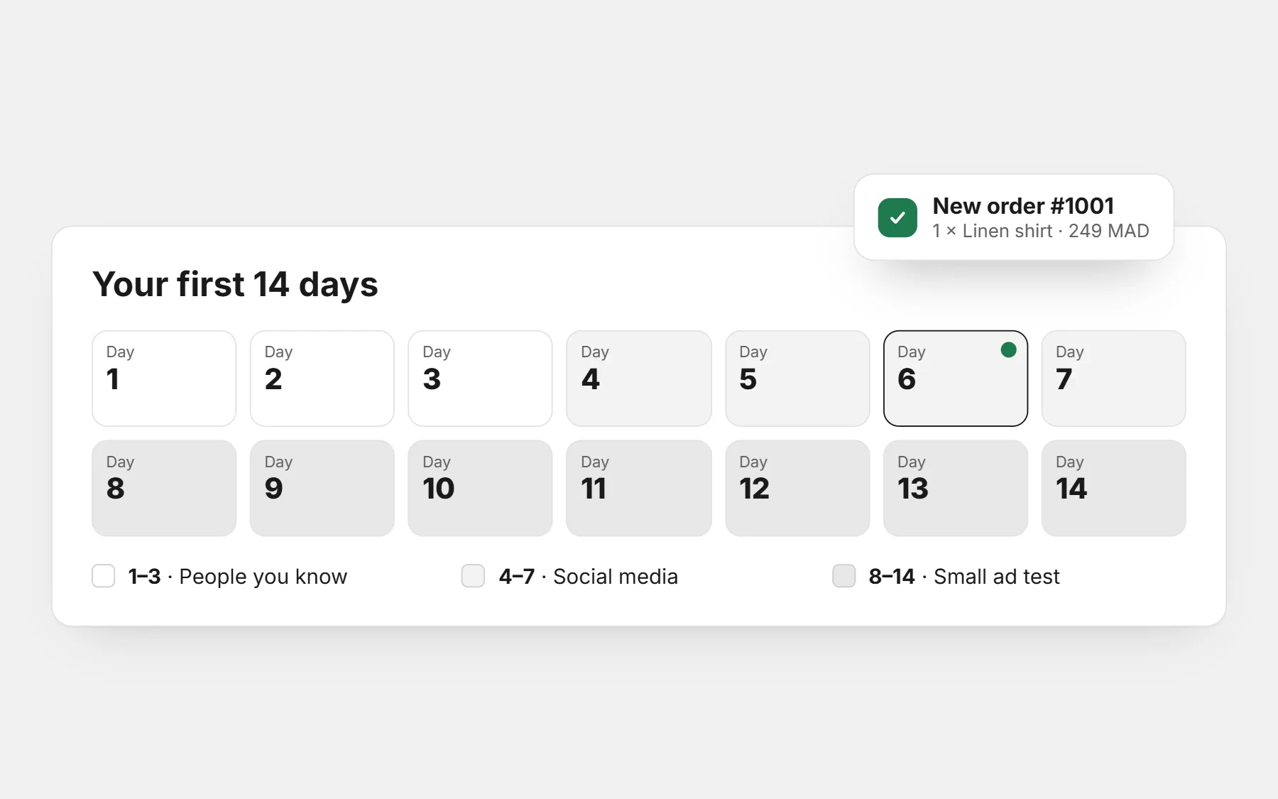 A 14-day calendar in three phases — people you know, social media, a small ad test — with a new order #1001 arriving on day 6