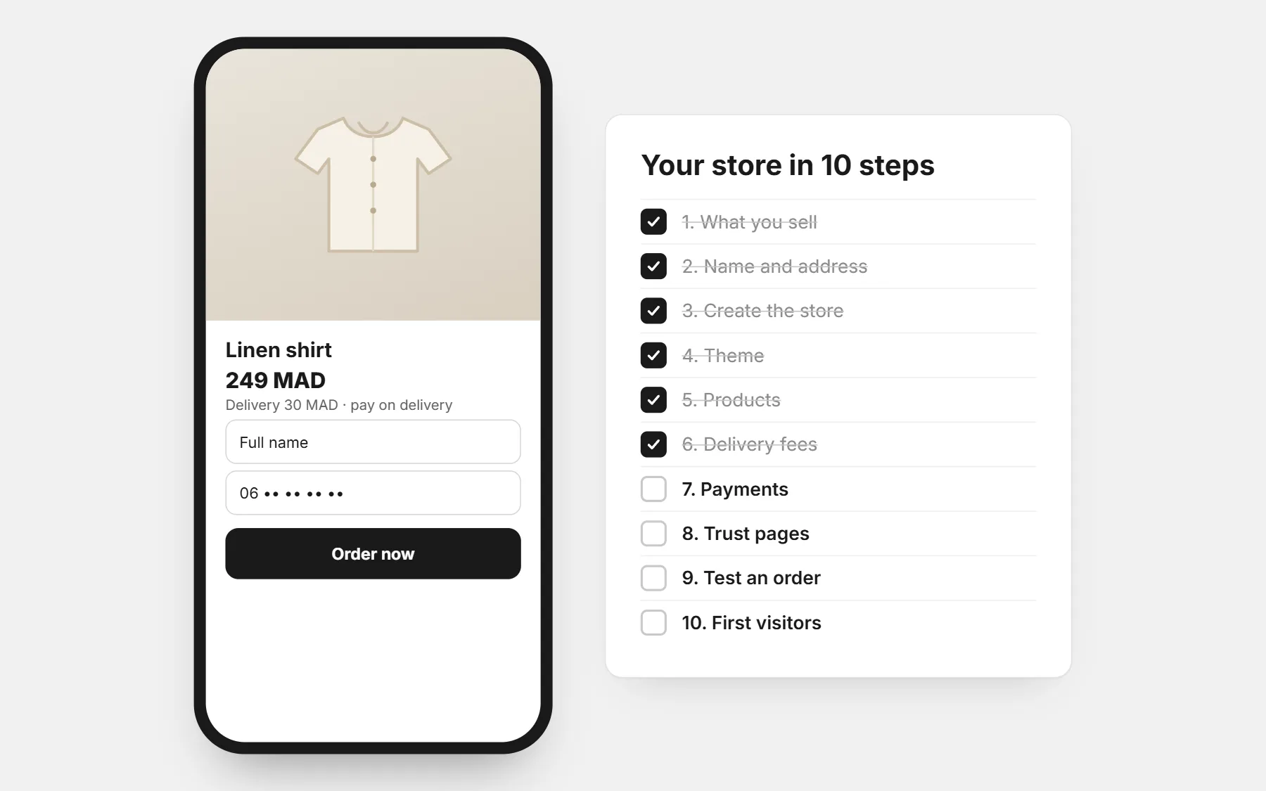 A product page on a phone with price, delivery fee and order form, next to a checklist of the ten steps to create an online store