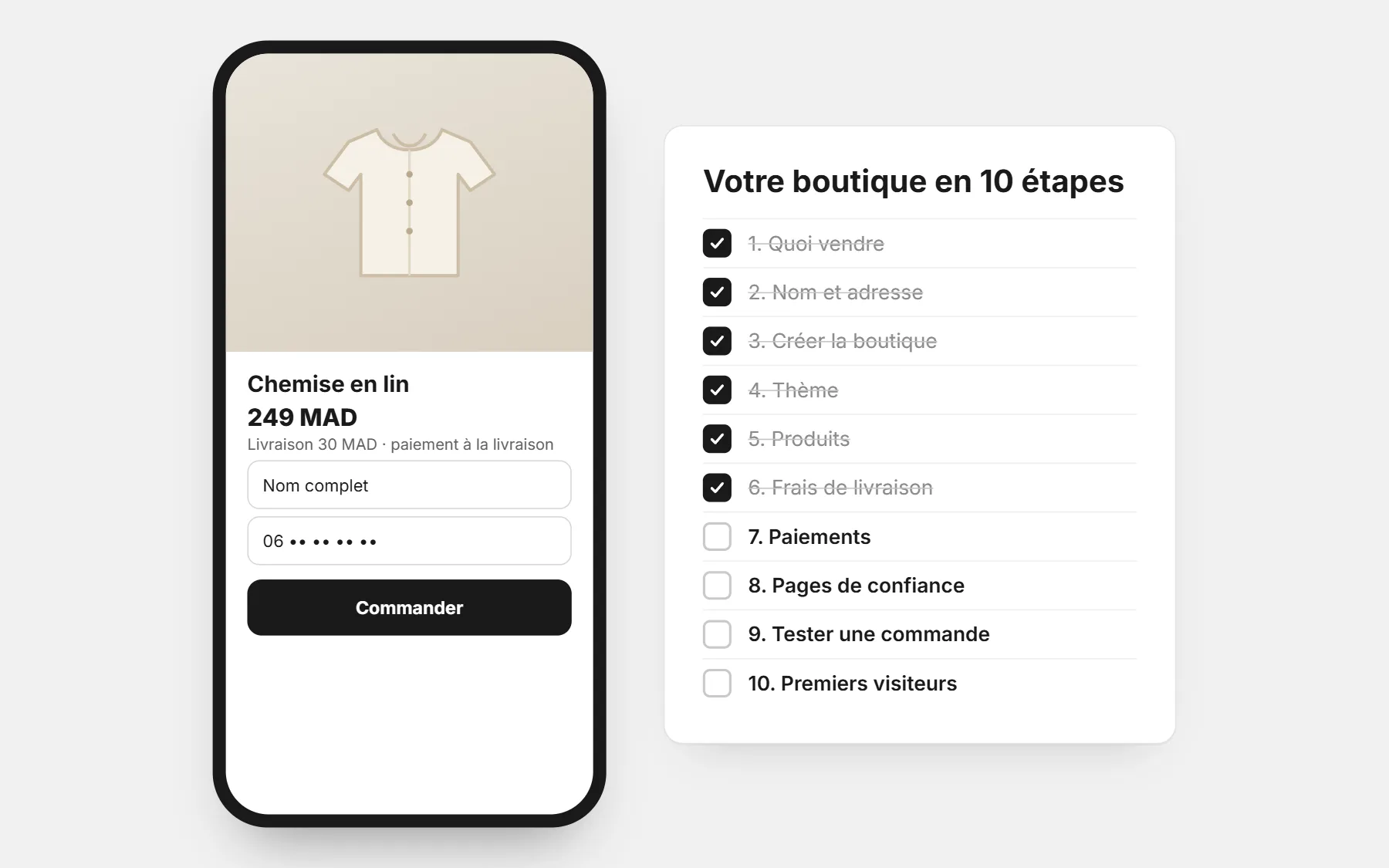 Une page produit sur téléphone avec prix, frais de livraison et formulaire, à côté de la checklist des dix étapes pour créer une boutique en ligne