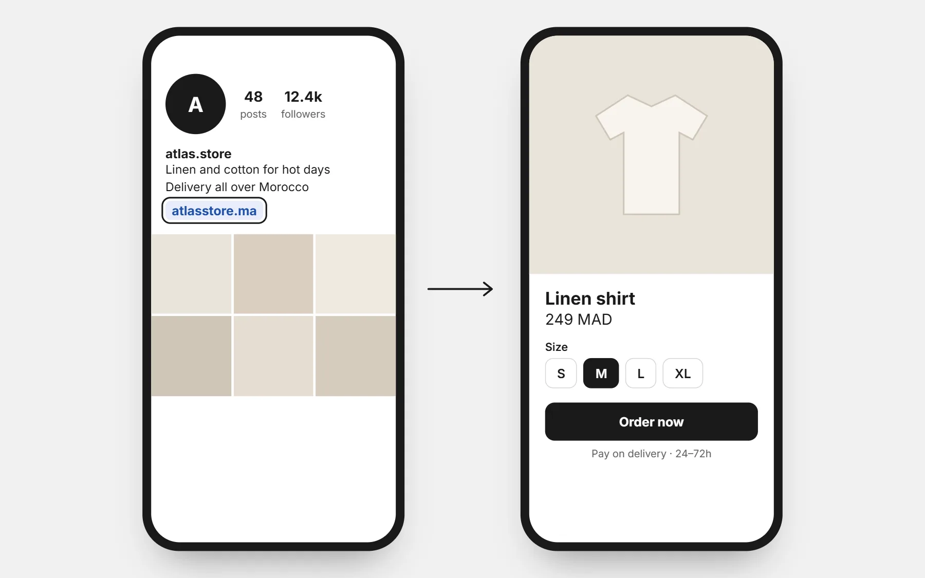 An Instagram shop profile with the store link in its bio, leading to a product page with sizes and an order button