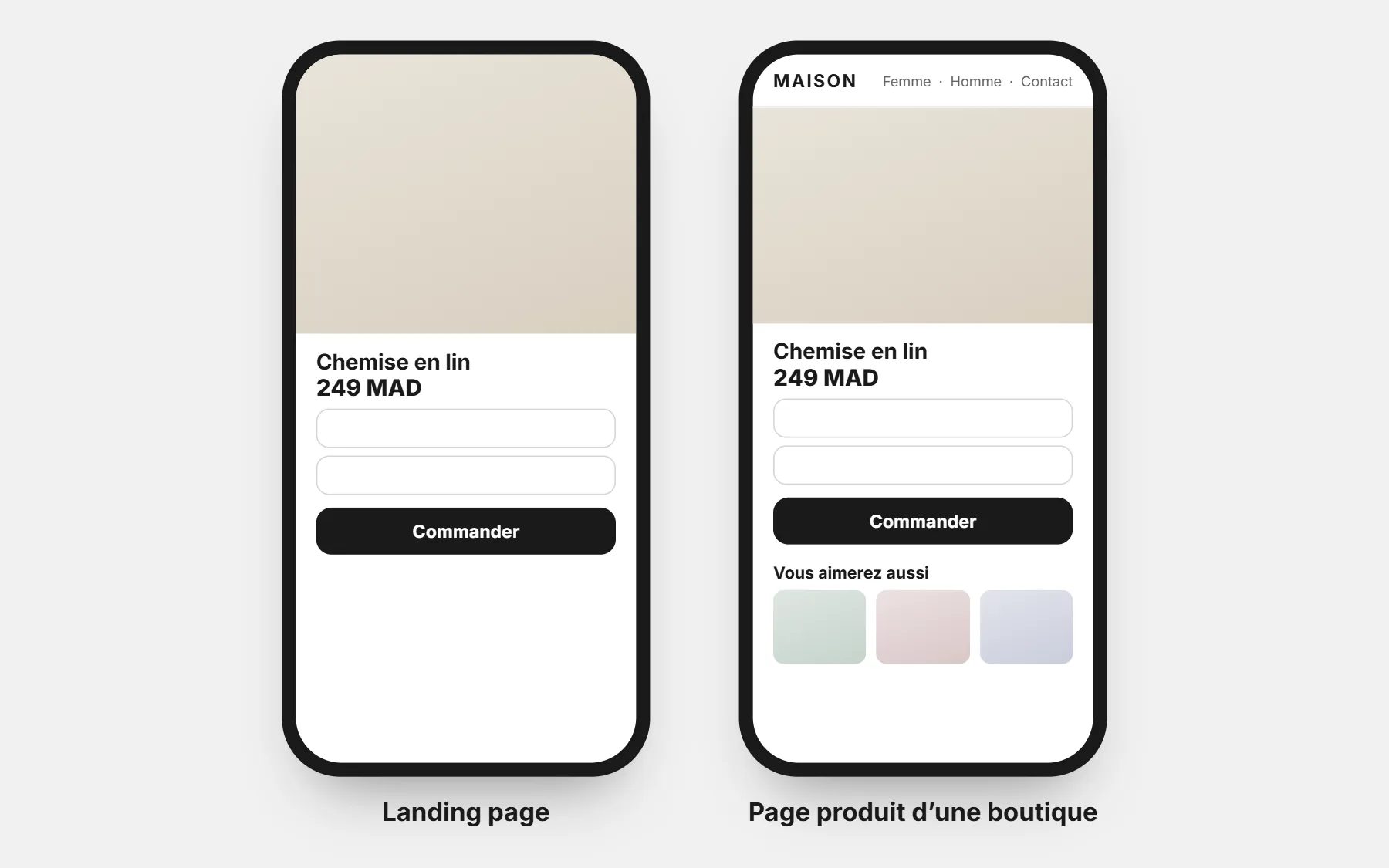 Deux téléphones : une landing page avec un produit et un formulaire, et une page produit de boutique avec le même formulaire, un menu et « Vous aimerez aussi »