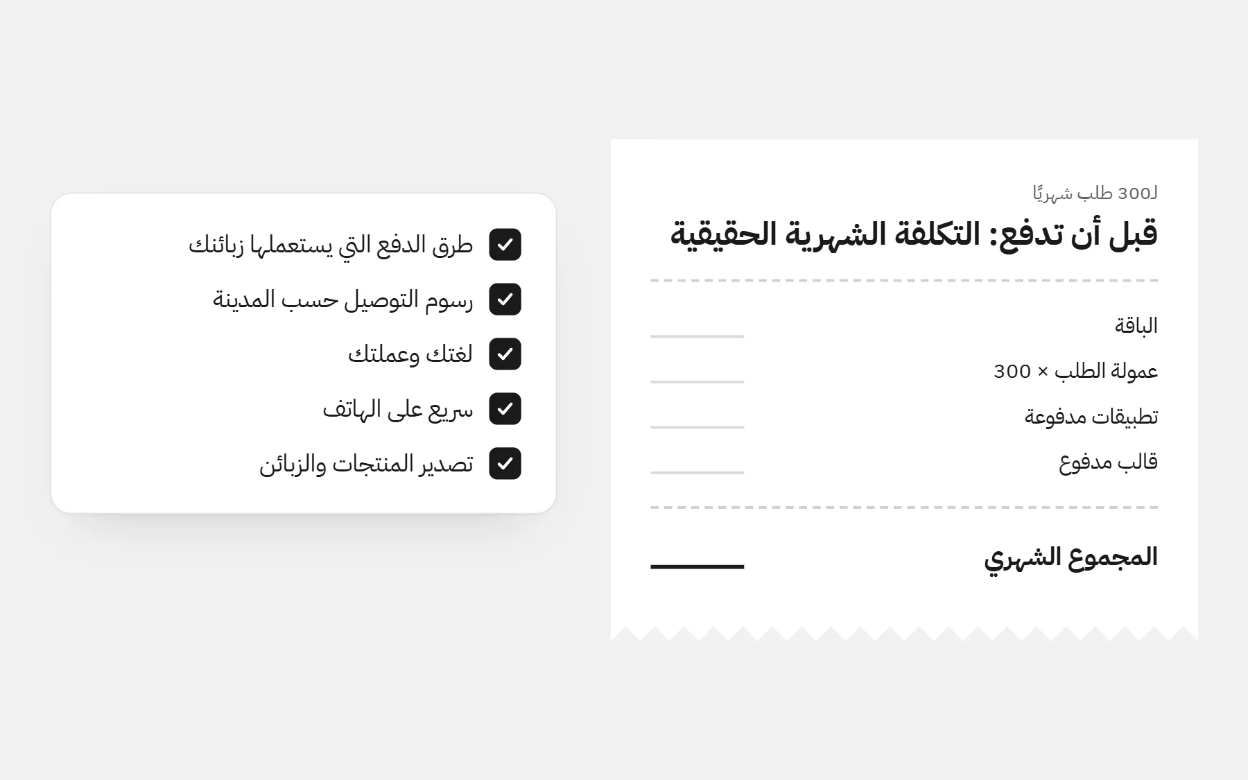 إيصال تملؤه قبل اختيار منصة المتجر: الباقة، عمولة الطلب × 300، التطبيقات والقالب المدفوعة، المجموع الشهري، بجانب خمس نقاط: الدفع، رسوم المدن، اللغة والعملة، السرعة، التصدير