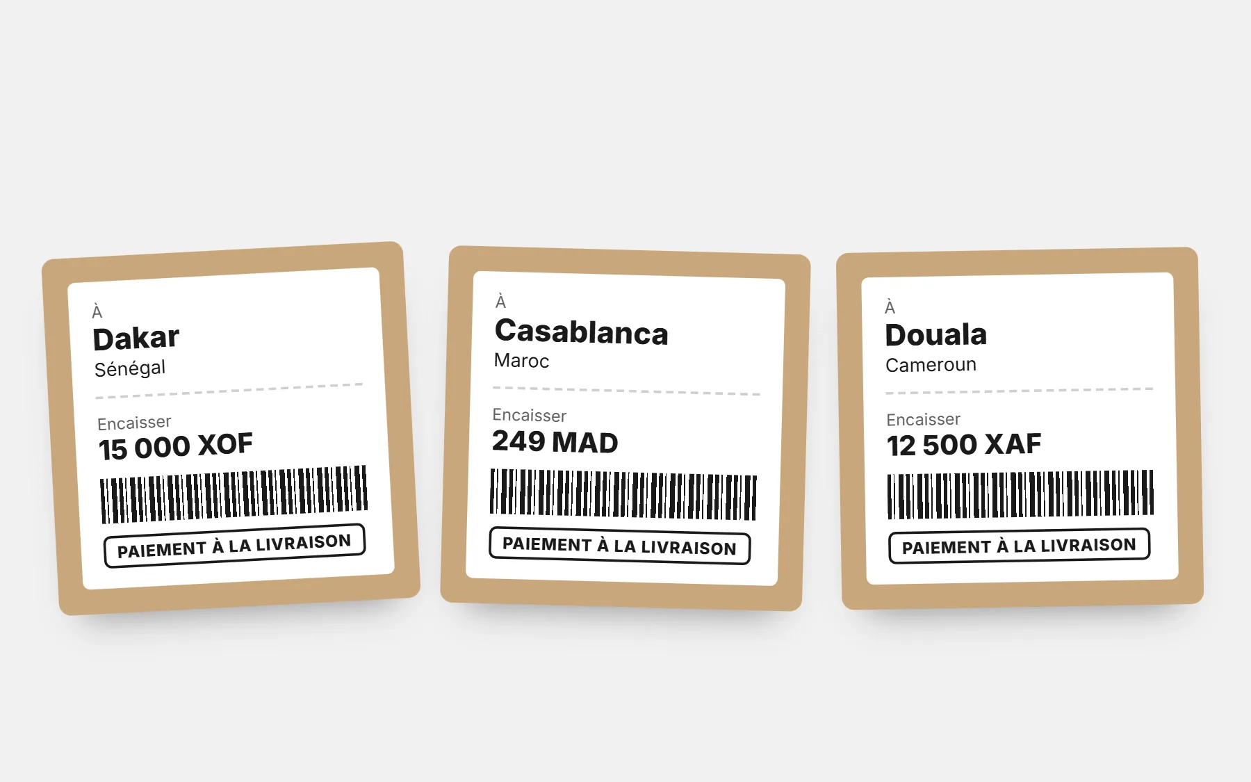 Trois colis en paiement à la livraison : Dakar, Sénégal, 15 000 XOF ; Casablanca, Maroc, 249 MAD ; Douala, Cameroun, 12 500 XAF