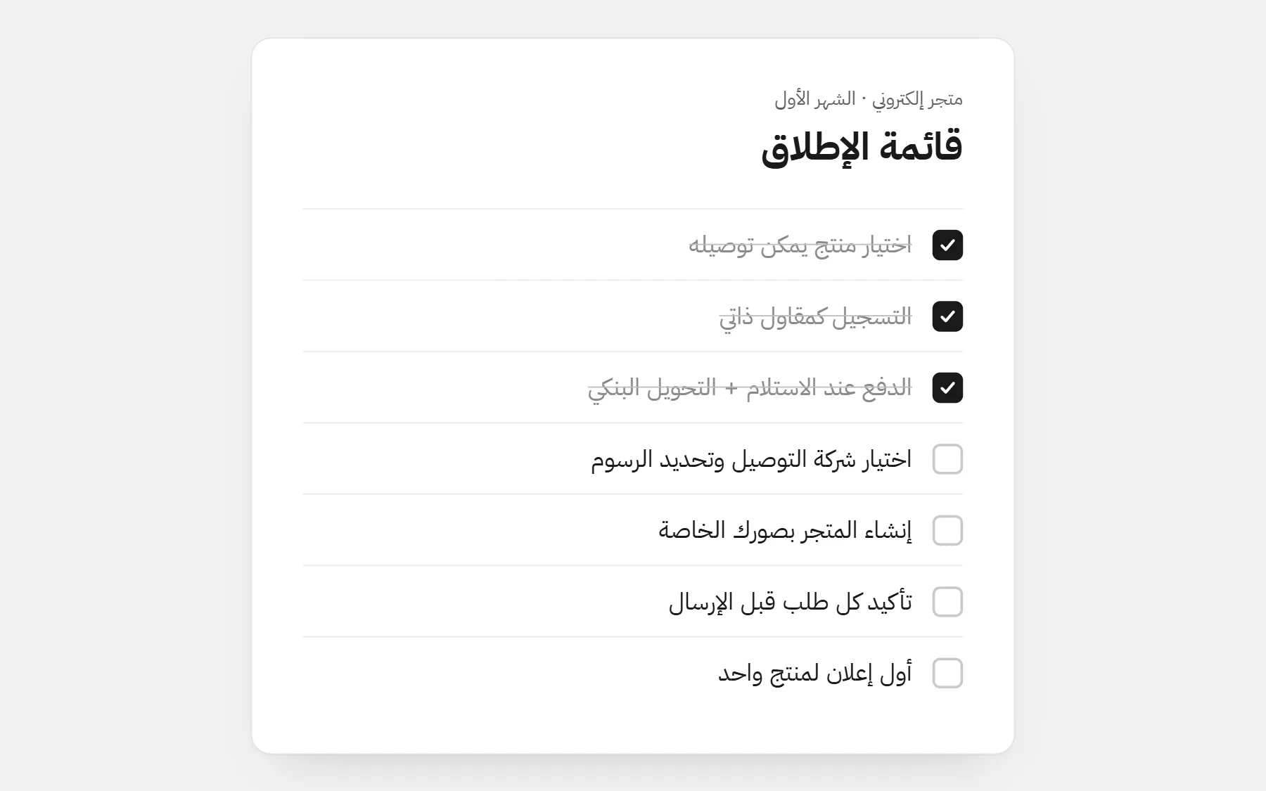 قائمة خطوات إنشاء متجر إلكتروني في المغرب: المنتج، المقاول الذاتي، الدفع عند الاستلام والتحويل البنكي، شركة التوصيل والرسوم، المتجر، تأكيد الطلبيات، أول إعلان