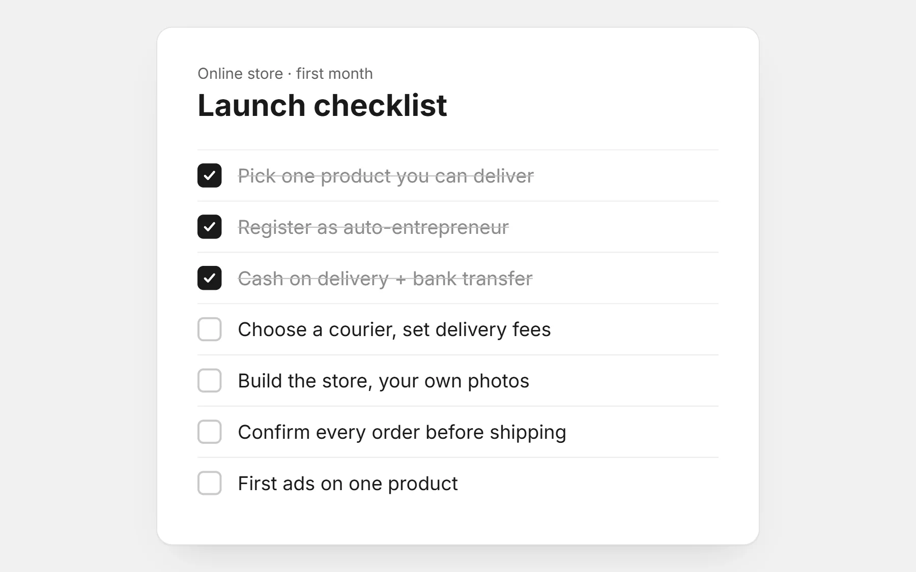 Checklist to start an online store in Morocco: product, auto-entrepreneur status, cash on delivery and bank transfer, courier and delivery fees, store, order confirmation, first ads