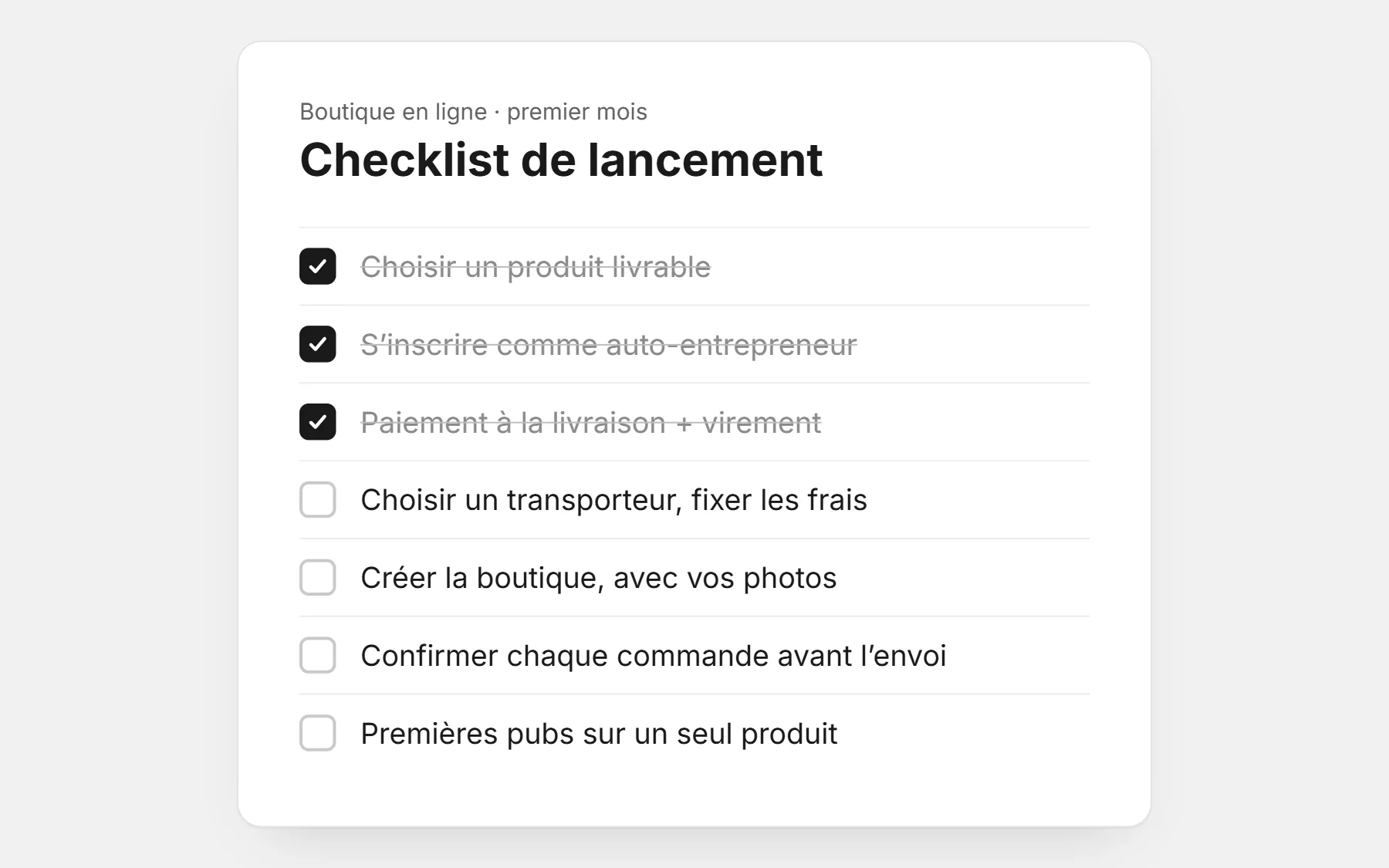 Checklist pour créer une boutique en ligne au Maroc : produit, statut auto-entrepreneur, paiement à la livraison et virement, transporteur et frais de livraison, boutique, confirmation des commandes, premières pubs
