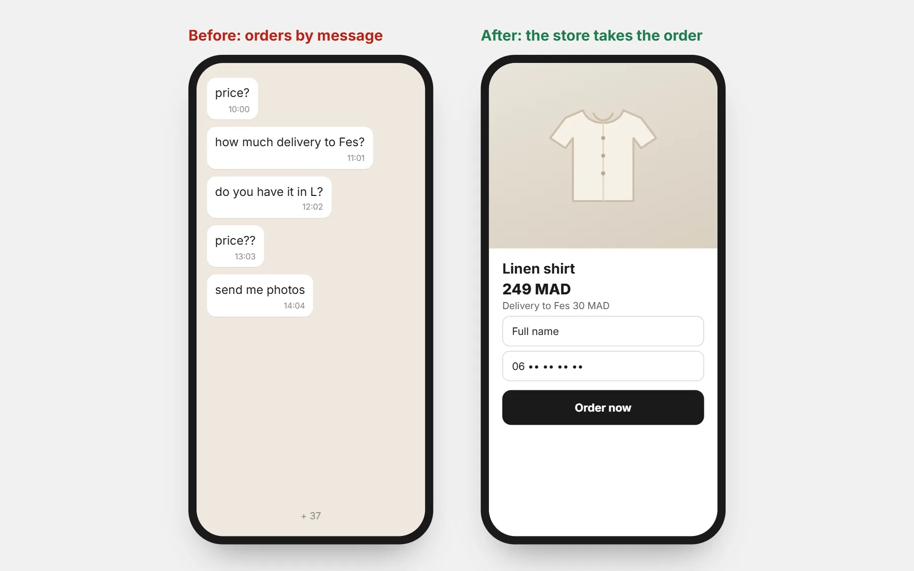 Before and after: a WhatsApp chat full of “price?” messages, and a product page with price, delivery fee and order form